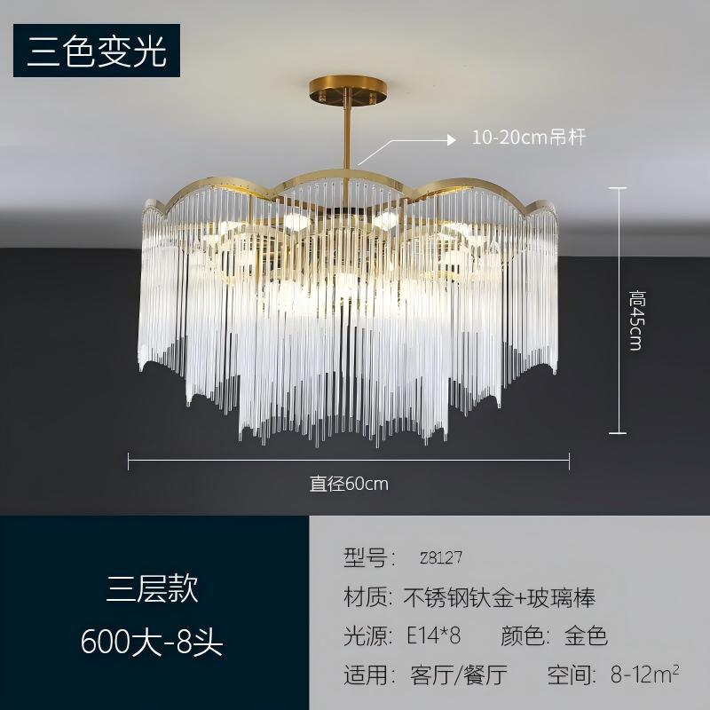 HEIKESZ Italian Luxury Stainless Steel Glass Rod Chandelier Modern Minimalist Living Room Ceiling Light with Tassel Dining Room Pendant Lamp
