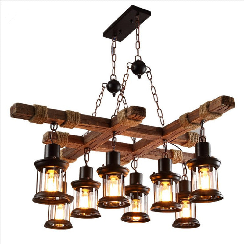 HEIKESZ Exclusive for Cross-Border American Retro Industrial Style Chandelier Dining Room/Living Room Coffee Shop Bar Counter Creative Solid Wood Ceiling Lamp LED Light for Bedroom Night Aesthetic Room Lamp