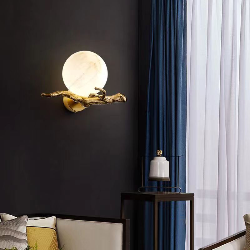 HEIKESZ Chinese Style Copper Marble Wall Lamp Luxury Creative Design for Living Room Bedroom Tea Room Background Wall Lighting