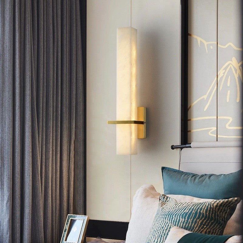 HEIKESZ Luxury Wall Lamp Modern Living Room TV Background Light Simple Copper New Chinese Style Bedside Marble Stone Lamp