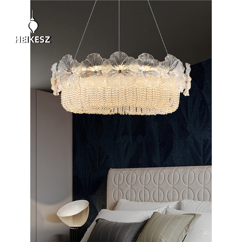 HEIKESZ Full Spectrum French Luxury Crystal Flower Ceiling Light for Living Room Bedroom Dining Room Glass Design
