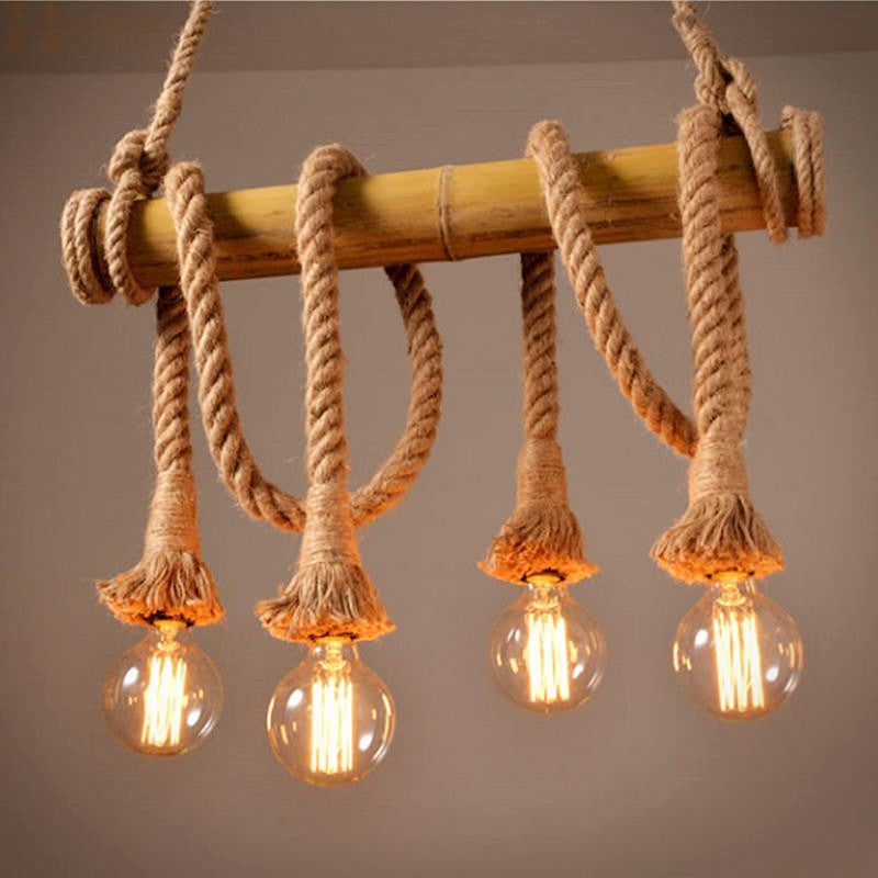 HEIKESZ Retro Rope Bamboo Pipe Chandelier Guest Cafe Bedroom Aisle Creative Bamboo Clothing Shop Bar Decoration Lamp LED Light for Bedroom Night Aesthetic Room Lamp