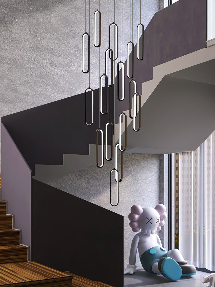 HEIKESZ Modern Minimalist Stair Chandelier Black Square Hollow Lamp for Villa Duplex Living Room Nordic Ceiling Light LED Pendant