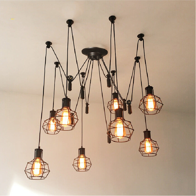 HEIKESZ Retro Industrial Style Iron Cage Pendant Lamp Dining Room Cafe Bar Counter Creative Head Multi-Day Female Loose Flower Pulley Pendant Lamp LED Light for Bedroom Night Aesthetic Room Lamp