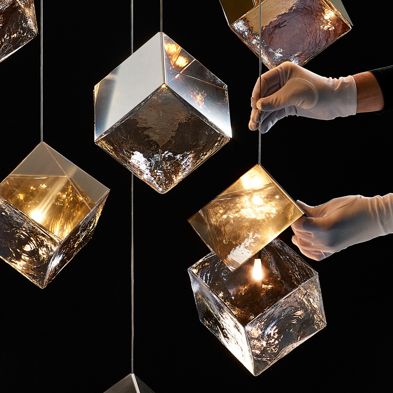 HEIKESZ Loft Staircase Long Chandelier Empty Creative Crystal Glass Cube Ice Modern Restaurant Bar Chandelier