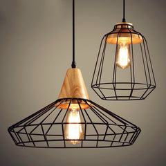 HEIKESZ Nordic Simple Iron Cage Chandelier Restaurant and Cafe Bar Bedroom Study Aisle Corridor Modern Wrought Iron Solid Wood Lamp LED Light for Bedroom Night Aesthetic Room Lamp