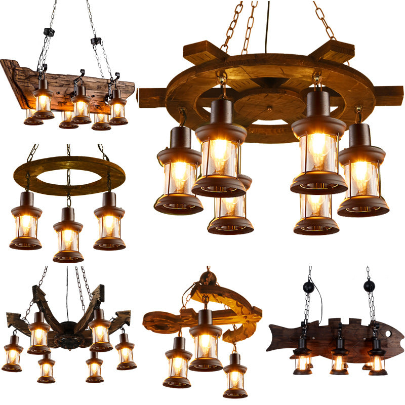 HEIKESZ American retro industrial style restaurant ship wood chandelier creative bar hotel box nostalgic wood lamps