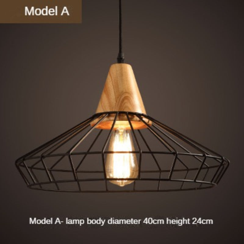 HEIKESZ Nordic Simple Iron Cage Chandelier Restaurant and Cafe Bar Bedroom Study Aisle Corridor Modern Wrought Iron Solid Wood Lamp LED Light for Bedroom Night Aesthetic Room Lamp