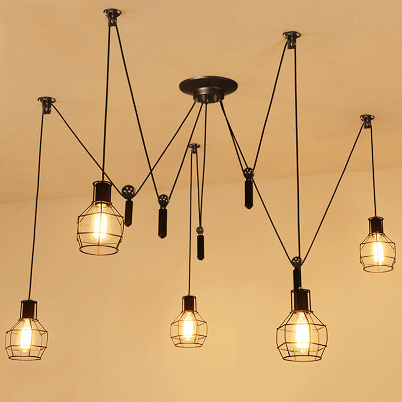 HEIKESZ Retro Industrial Style Iron Cage Pendant Lamp Dining Room Cafe Bar Counter Creative Head Multi-Day Female Loose Flower Pulley Pendant Lamp LED Light for Bedroom Night Aesthetic Room Lamp