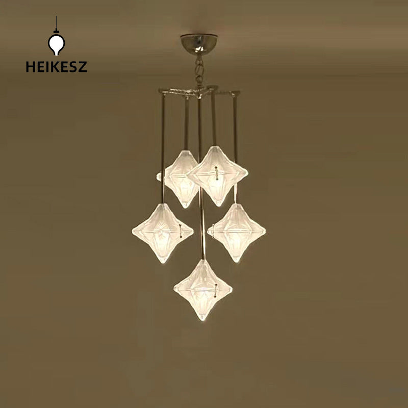 HEIKESZ Vintage Glass Ceiling Light Retro Brass Chandelier Designer Star Pendant for Living Room Dining Island Staircase
