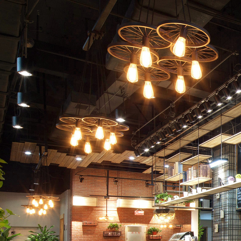 HEIKESZ LOFT Industrial Wind Restaurant and Cafe Pendant Lamp American Retro Bar Clothing Store Decorative Personality Wheel Decoration Light LED Light for Bedroom Night Aestitic Room Lamp
